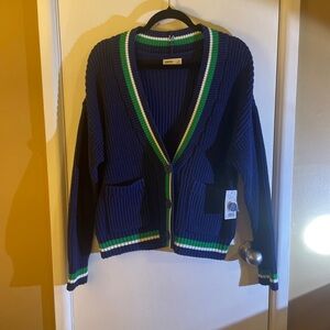 Sonoma Blue Cardigan with Green and White Trim